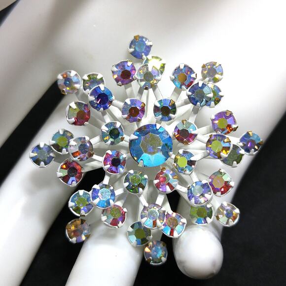 Vintage 1960s White Enamel Multicolor Rhinestone Brooch, Aurora Borealis, 2 Inch - Picture 1 of 10